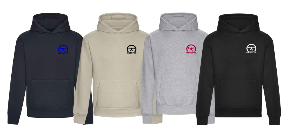 Four hoodies in different colours with elitefts crescent logo