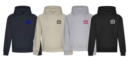 Four hoodies in different colours with elitefts crescent logo