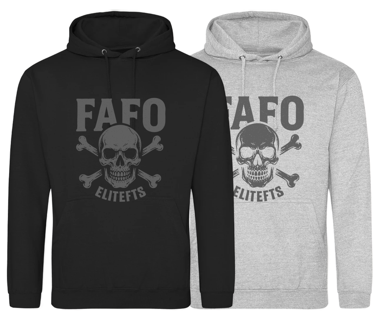 Black and gray hoodies with 'FAFO' and skull design on a white background