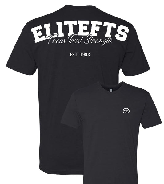 Black t-shirt with 'ELITEFTS' branding on the back and logo on the front.