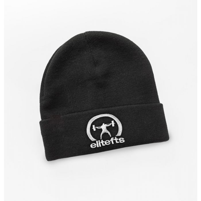 Black beanie with white logo on a white background