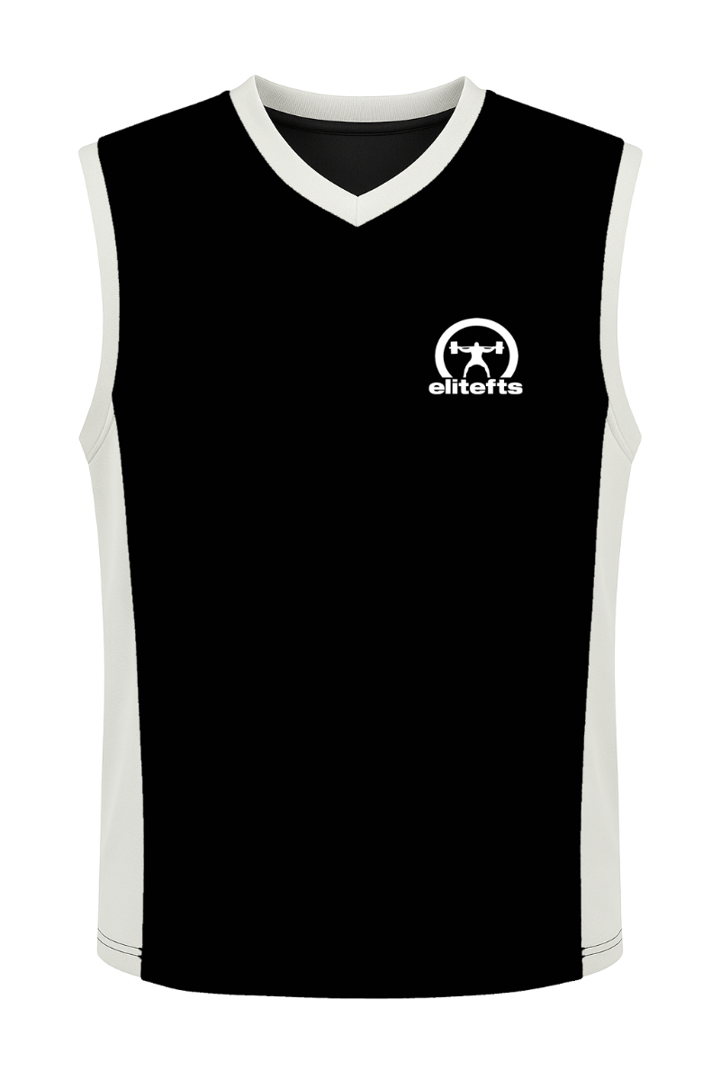 Black sleeveless shirt with white logo on a white background