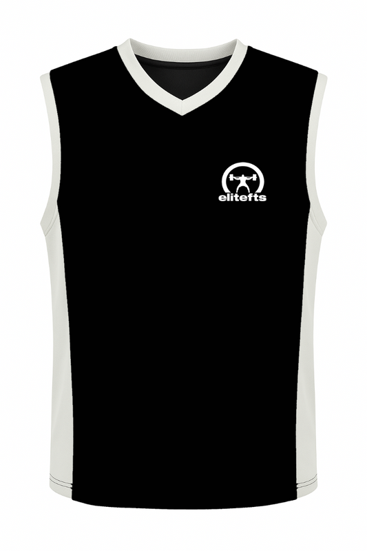 Black sleeveless shirt with white logo on a white background