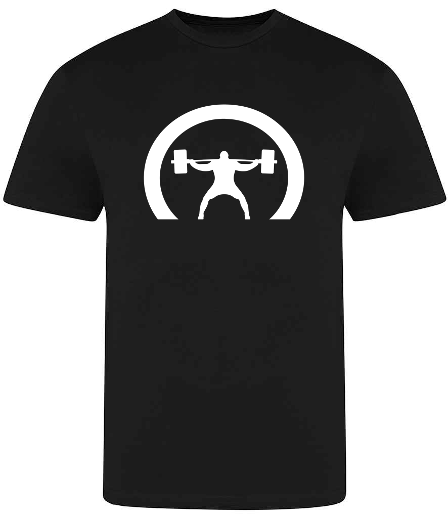 Black t-shirt with a white graphic of a person lifting weights in the center.