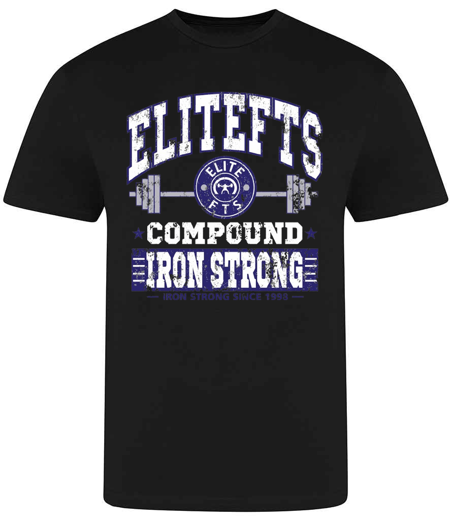 Black t-shirt with 'ELITEFTS' branding and text on a white background