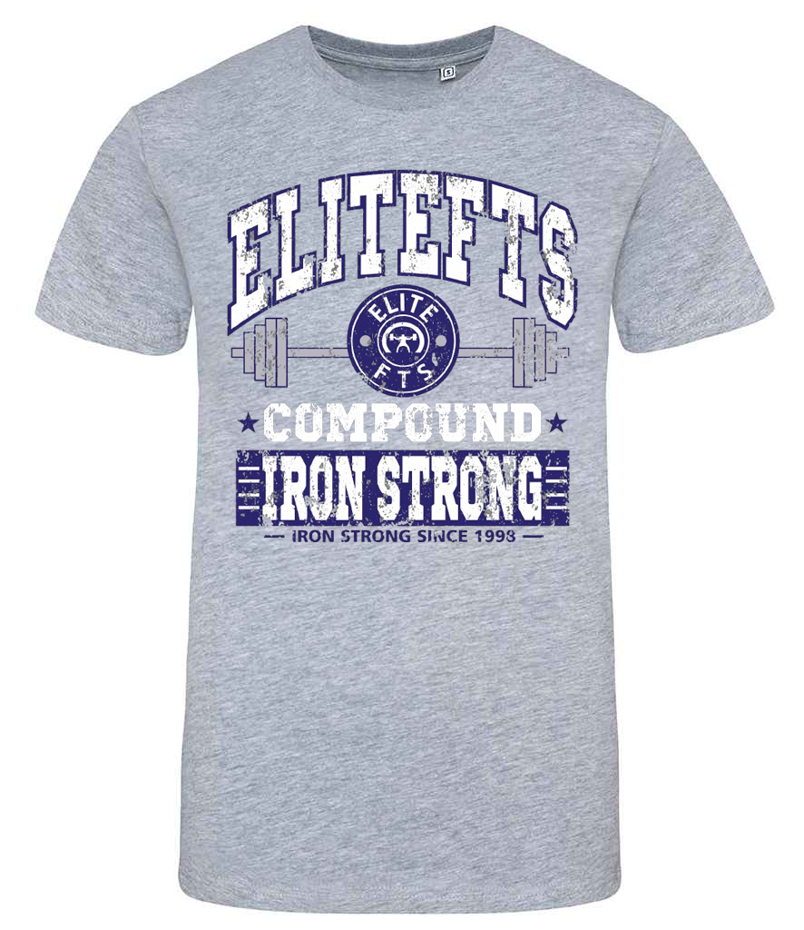 Gray t-shirt with 'Elitefts' and 'Iron Strong' text and graphics on a white background