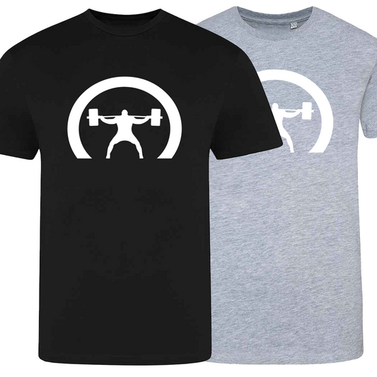 Black and gray t-shirts with a white graphic design on a white background