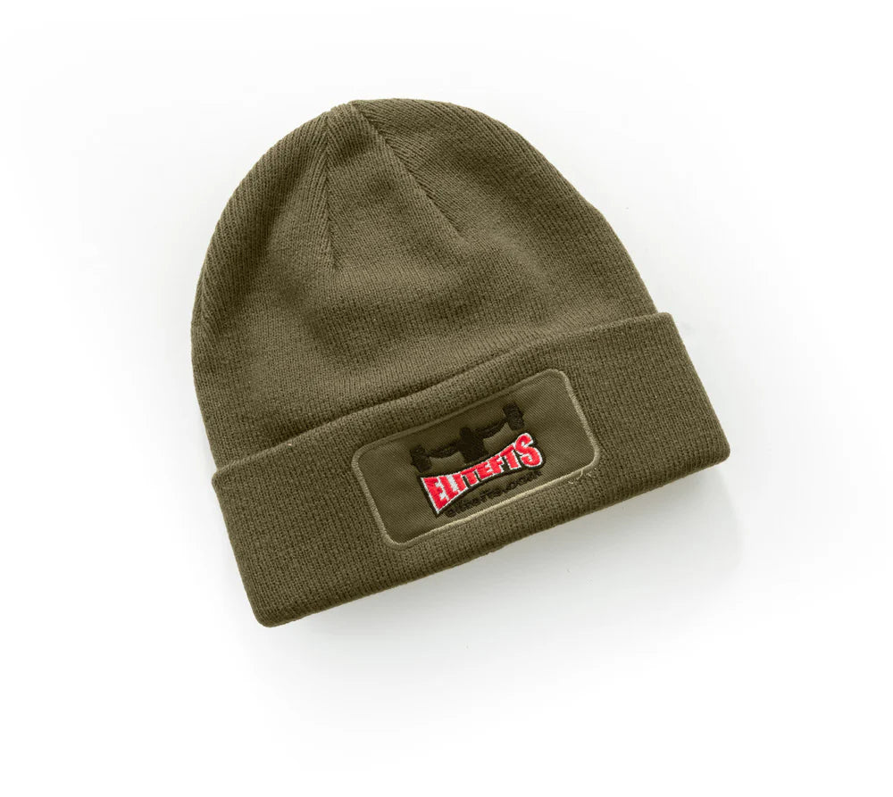 Green beanie with a brand logo on a white background