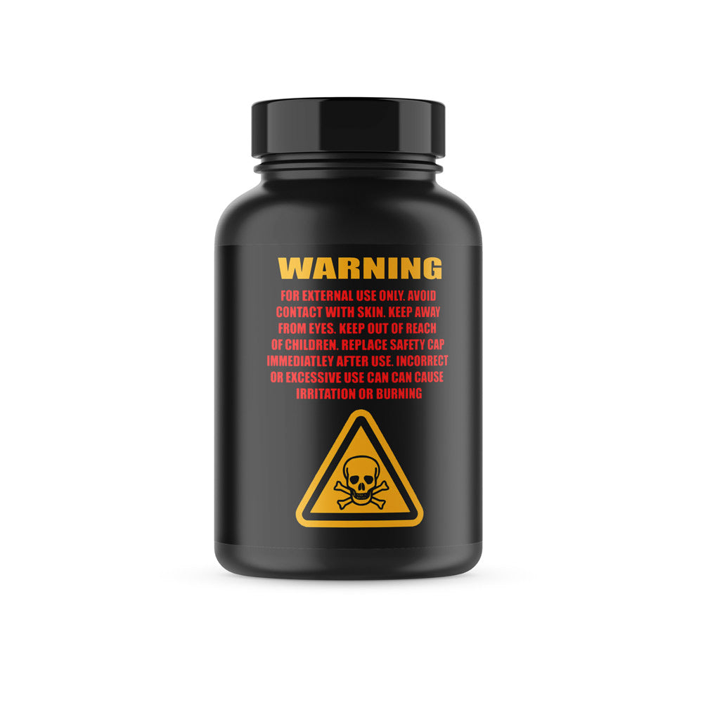 Black bottle with warning label and skull symbol on a white background