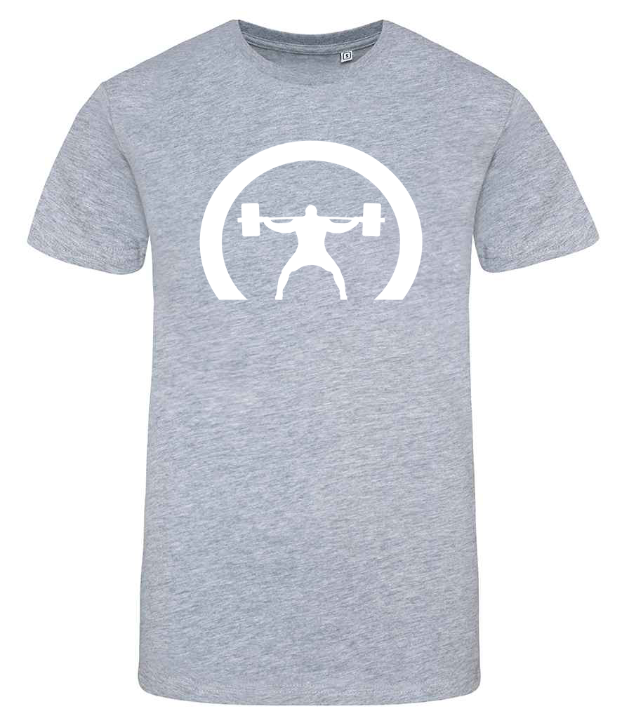 Gray t-shirt with a white graphic of a person lifting weights on a white background
