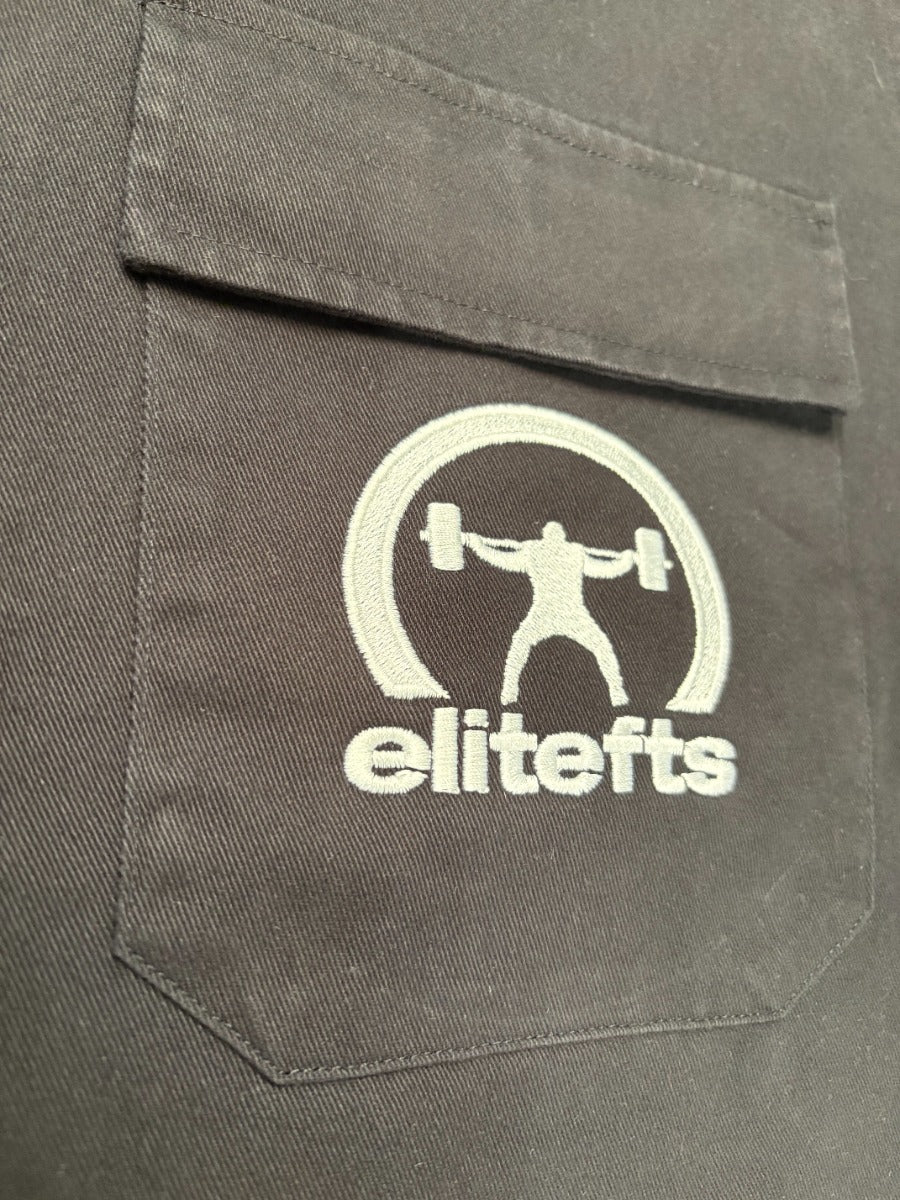 Black shirt with a white 'elitefts' logo on the pocket
