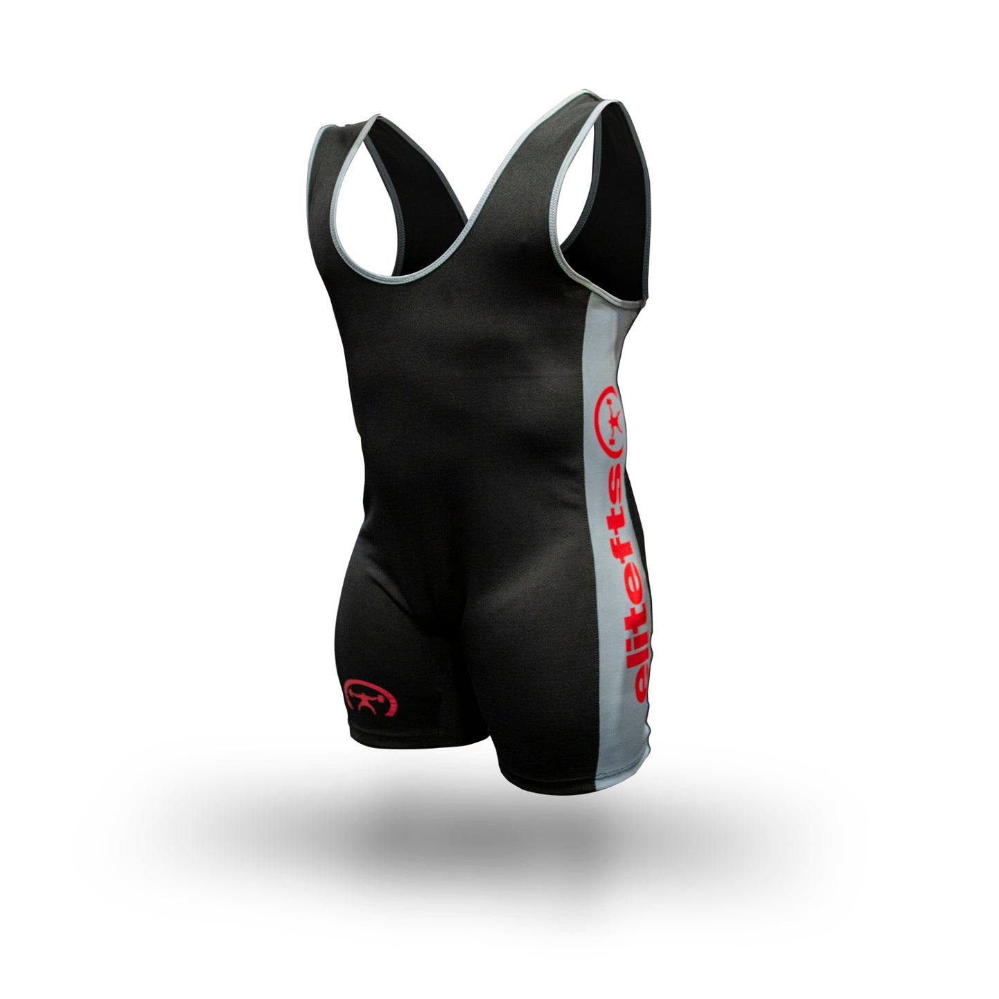 Black and gray athletic suit with red logo on a white background