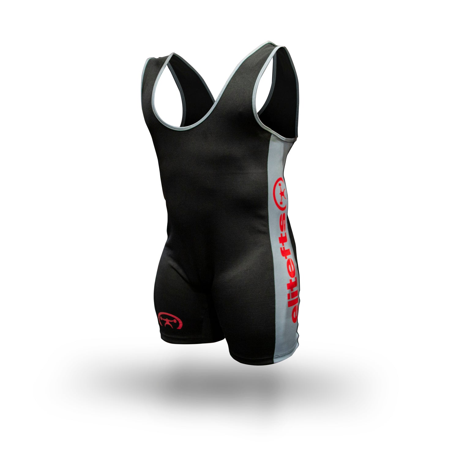 Black and gray athletic suit with red logo on a white background