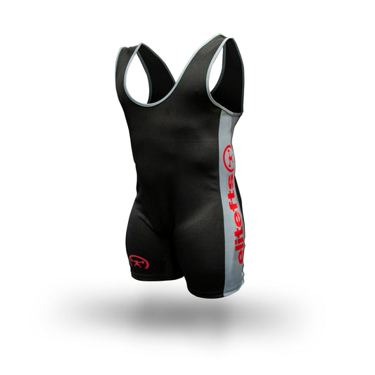 Black and gray athletic suit with red logo on a white background