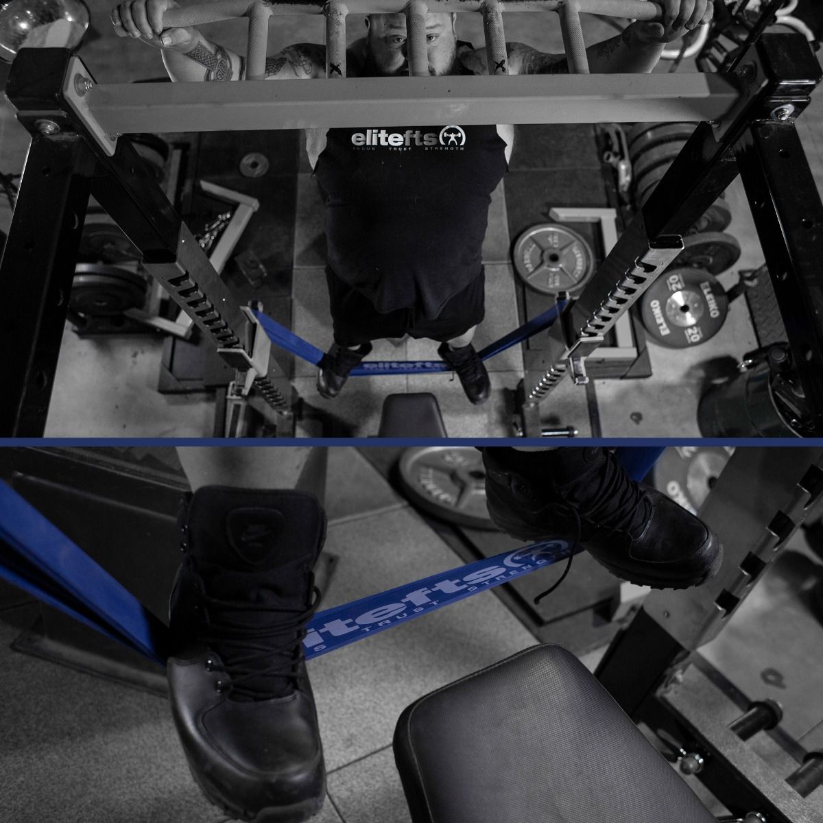 Person using a weight machine with 'elitefts' branding in a gym setting.