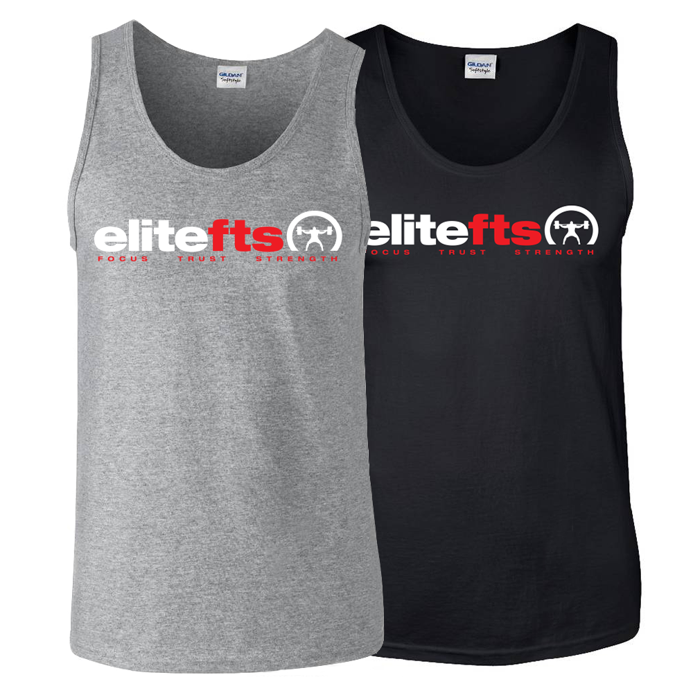 Gray and black tank tops with 'elitefts' logo on a white background