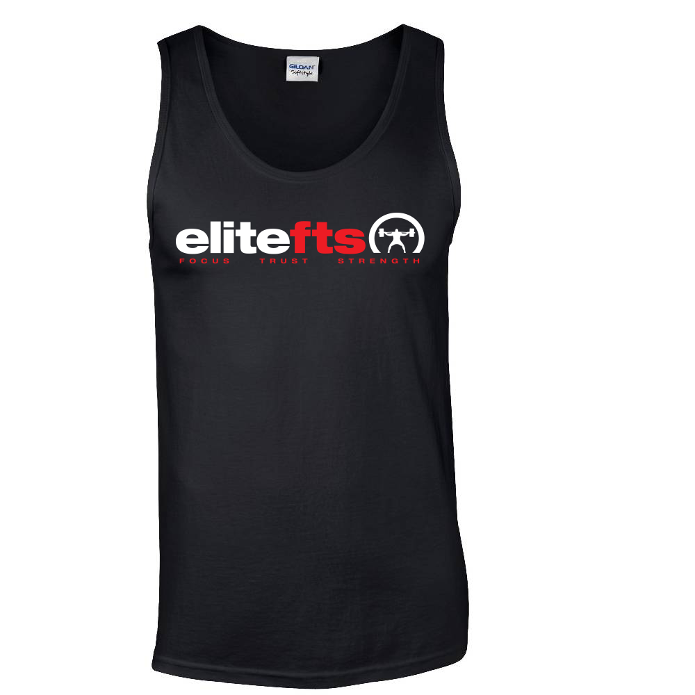 Black tank top with 'elitefts' logo on a white background