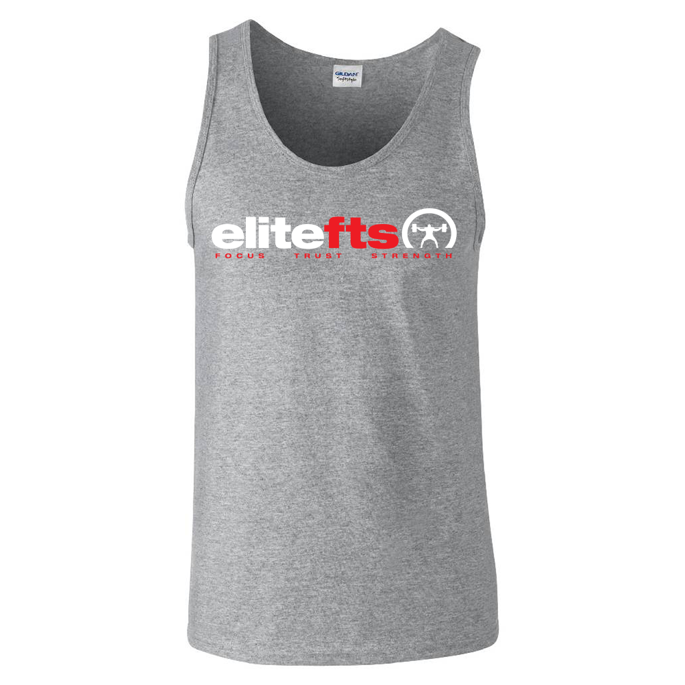 Gray tank top with 'elitefts' logo on a white background