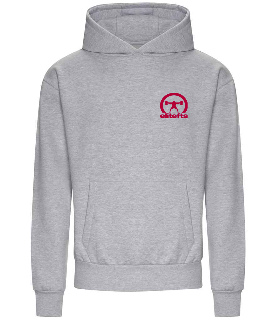 Grey hoodie with a red crescent logo