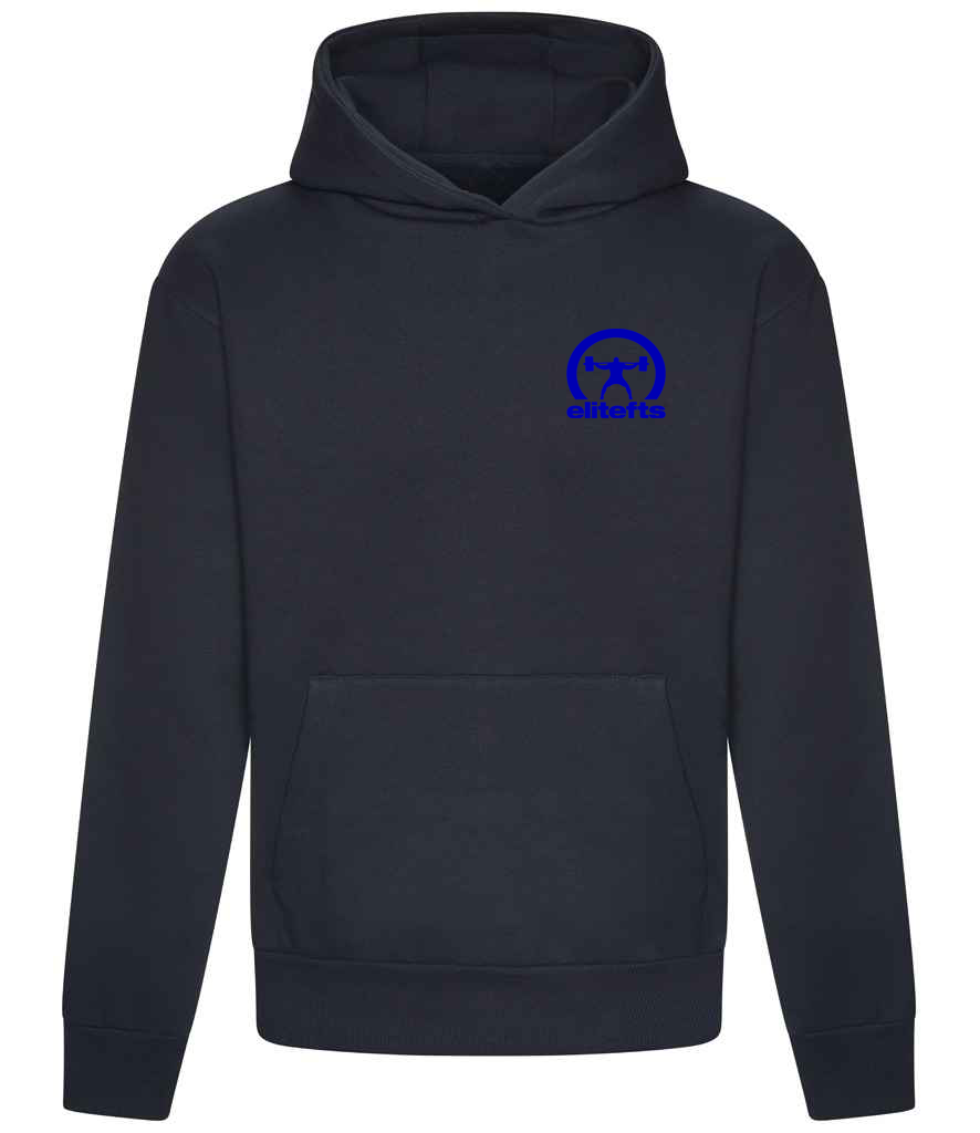 Navy hoodie with a blue crescent logo