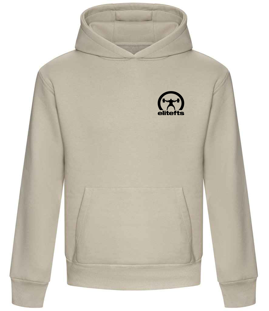 Stone hoodie with a black crescent logo
