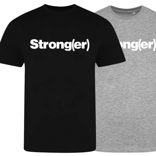 Black and gray t-shirts with 'Strong(er)' text on a white background