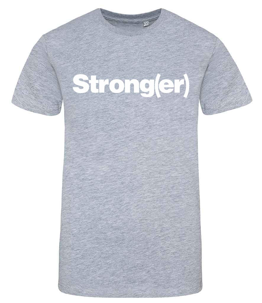 Gray t-shirt with 'Strong(er)' text on a white background