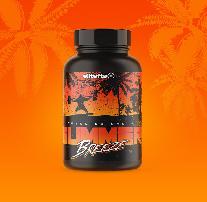 Black supplement bottle labeled 'Summer Breeze' on an orange background with palm tree silhouettes.