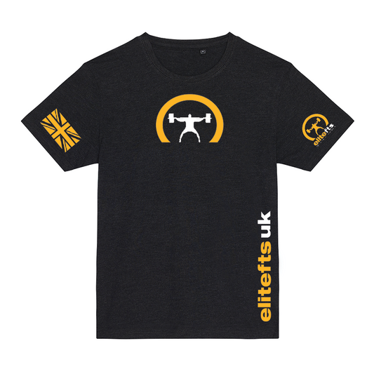 Black t-shirt with yellow and white graphics and text on a white background