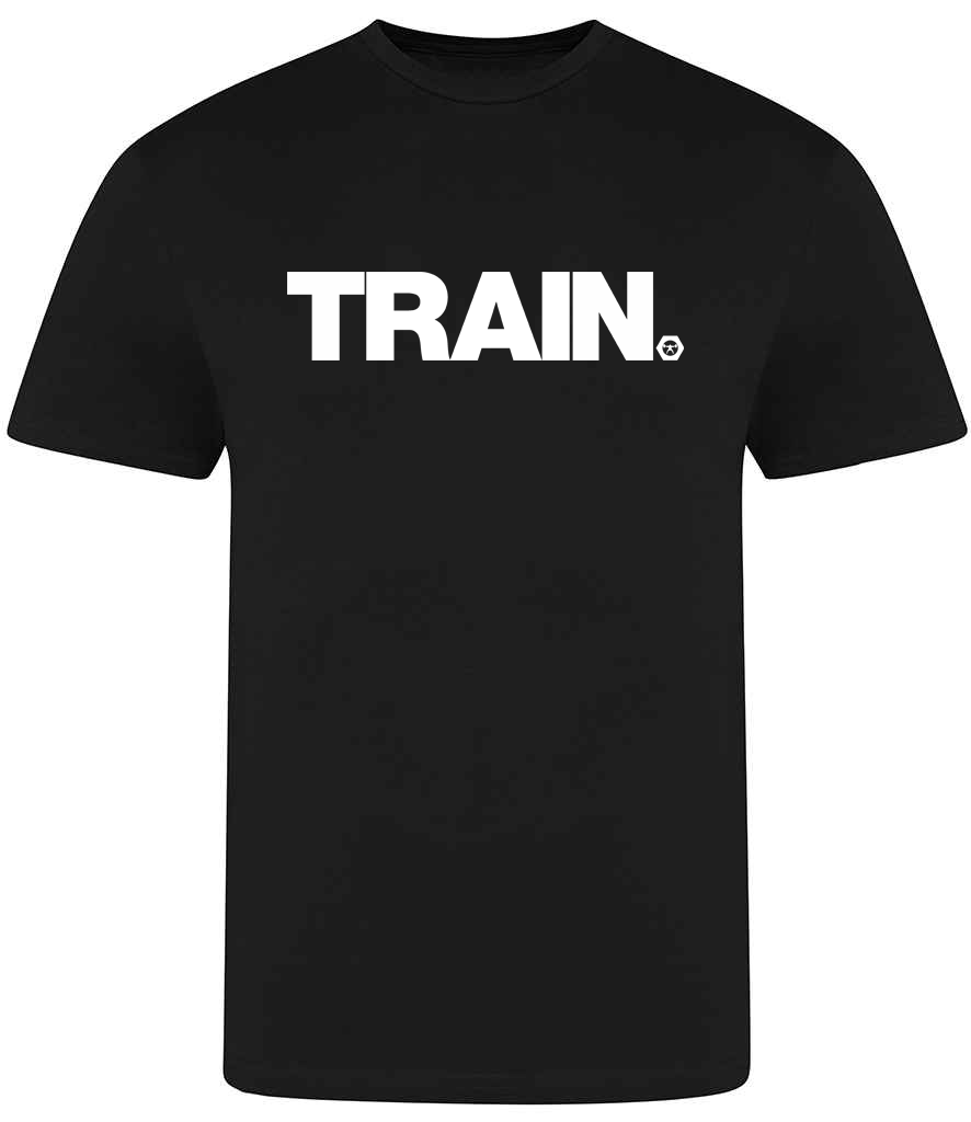 Black t-shirt with 'TRAIN' logo on a white background