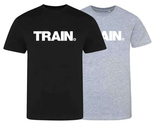 Black and gray t-shirts with 'TRAIN' text on a white background