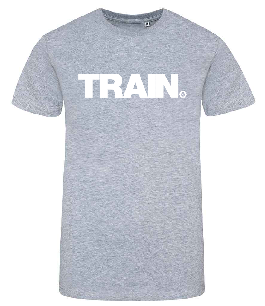 Gray t-shirt with 'TRAIN' text on a white background