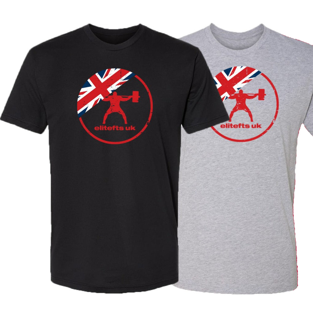Four t-shirts in black, gray, r with a common design featuring a logo and text.