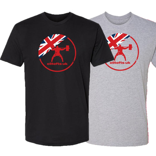Four t-shirts in black, gray, r with a common design featuring a logo and text.